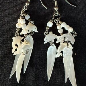 Carved Shell Dolphin Earrings Dangle Chandelier 2 3/4 Drop